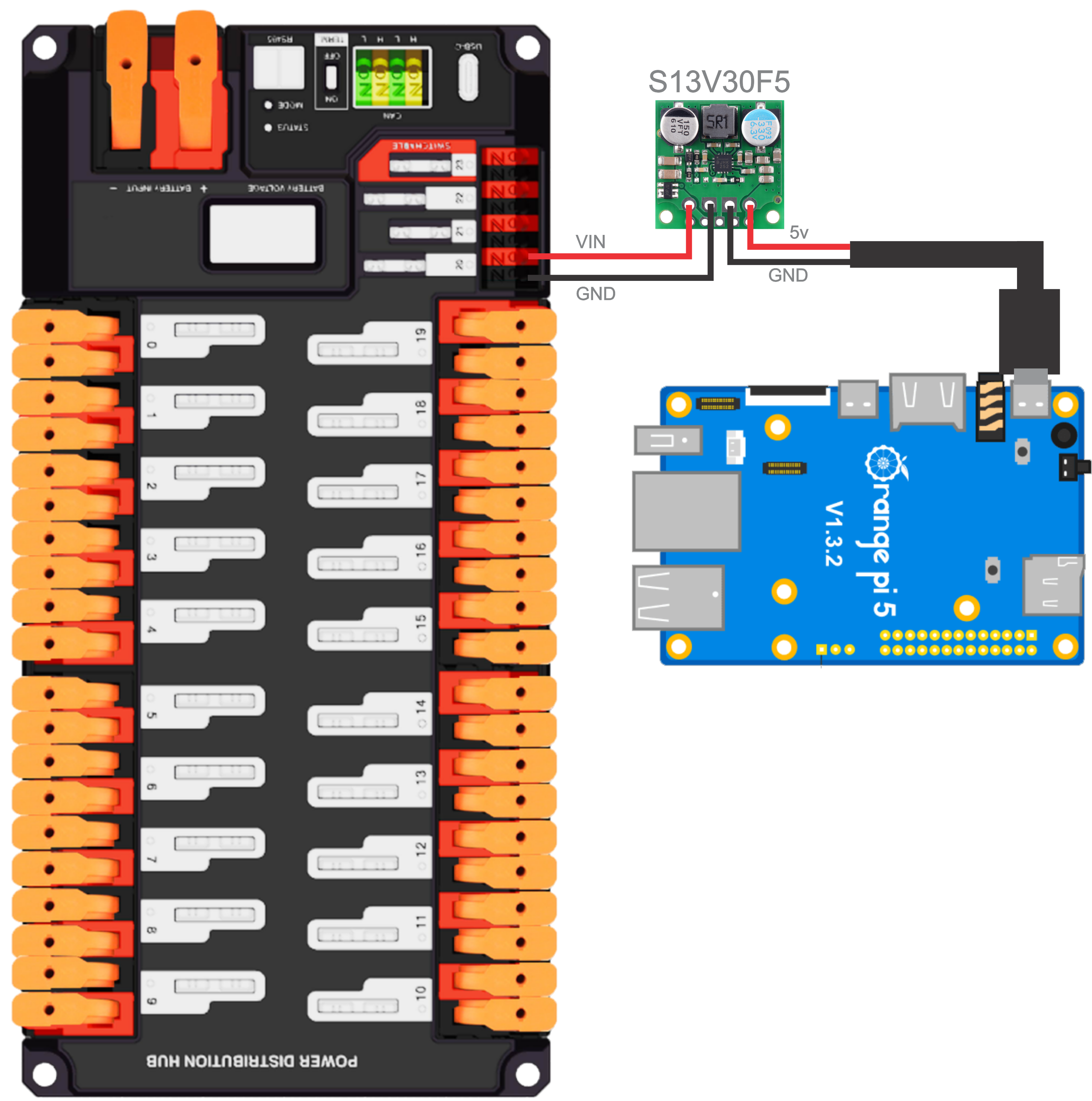 Wiring the opi5 to the pdp using the Pololu S13V30F5 and a usb c pigtail