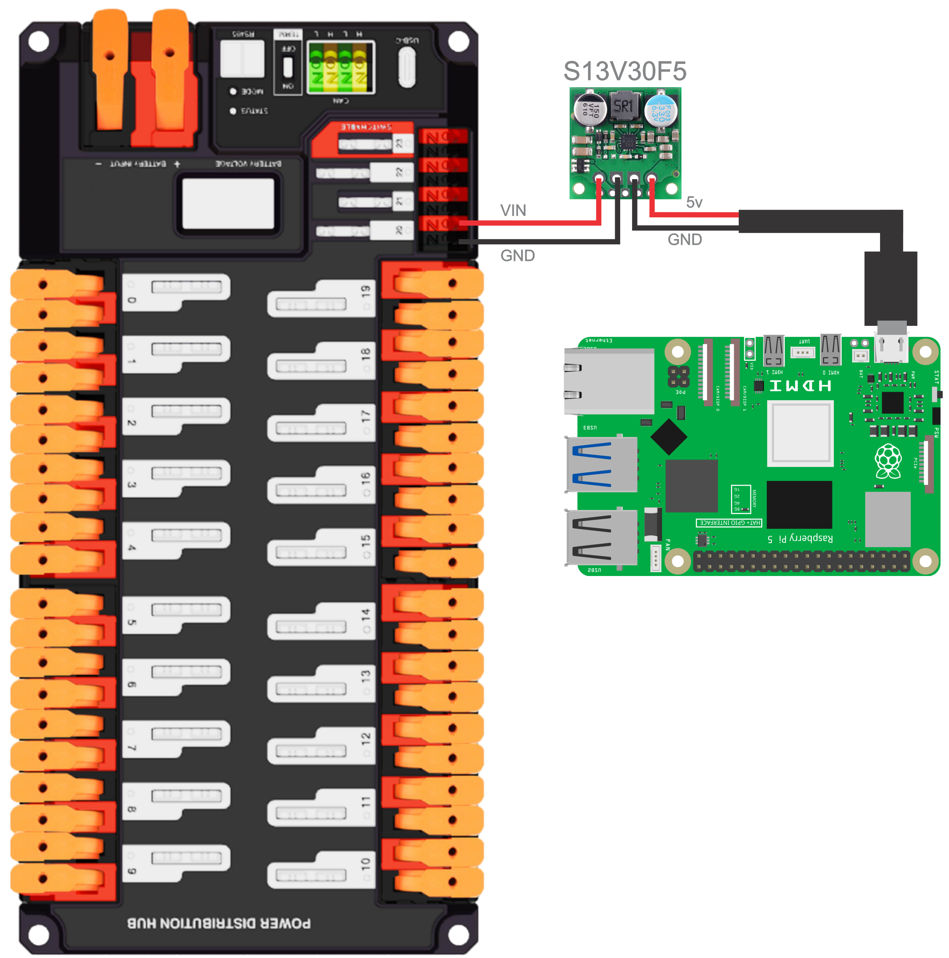 Wiring the RPI5 to the pdp using the Pololu S13V30F5 and a usb c pigtail